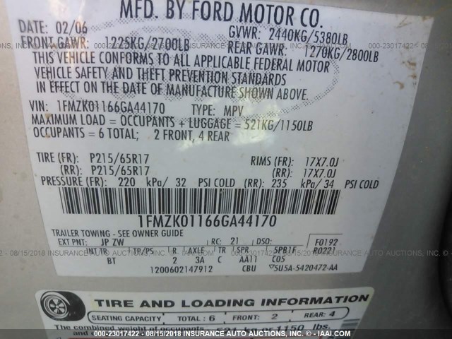 1FMZK01166GA44170 - 2006 FORD FREESTYLE SE Pewter photo 9