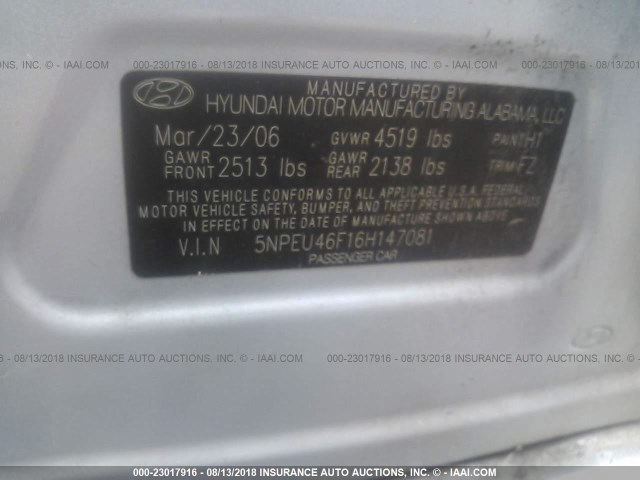 5NPEU46F16H147081 - 2006 HYUNDAI SONATA GLS/LX Light Blue photo 9