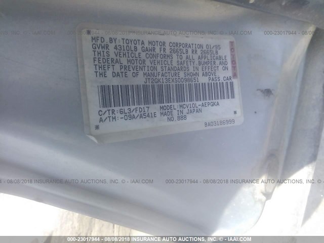 JT2GK13EXS0098651 - 1995 TOYOTA CAMRY XLE SILVER photo 9