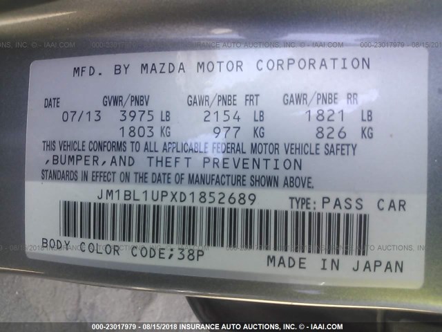 JM1BL1UPXD1852689 - 2013 MAZDA 3 I GRAY photo 9