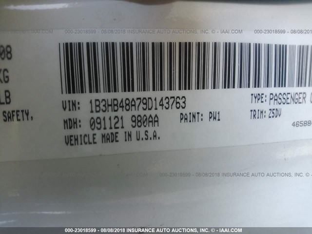 1B3HB48A79D143763 - 2009 DODGE CALIBER SXT WHITE photo 9