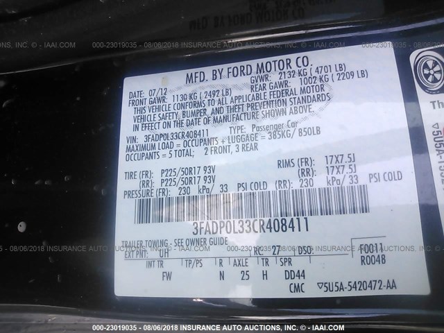 3FADP0L33CR408411 - 2012 FORD FUSION HYBRID BLACK photo 9