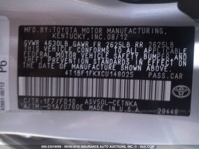 4T1BF1FKXCU148025 - 2012 TOYOTA CAMRY SE/LE/XLE 银色 照片 9