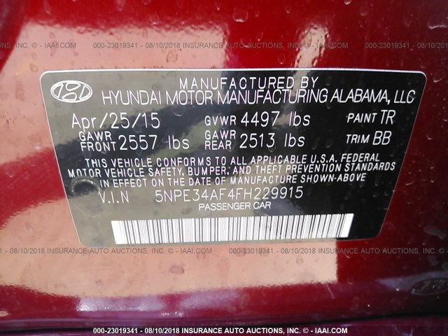 5NPE34AF4FH229915 - 2015 HYUNDAI SONATA SPORT/LIMITED RED photo 9