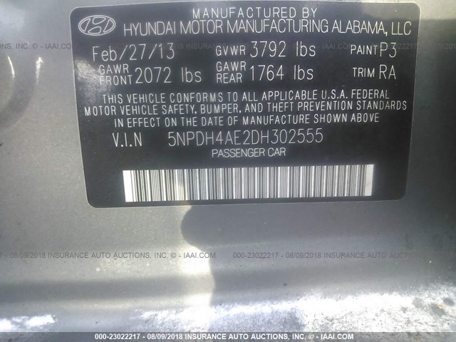 5NPDH4AE2DH302555 - 2013 HYUNDAI ELANTRA GLS/LIMITED GRAY photo 9