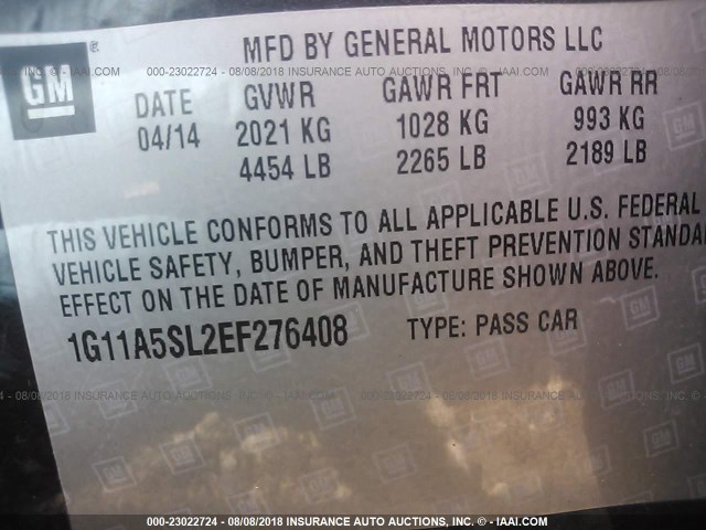 1G11A5SL2EF276408 - 2014 CHEVROLET MALIBU LS BLACK photo 9