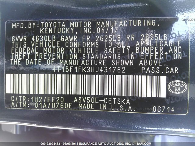 4T1BF1FK3HU431762 - 2017 TOYOTA CAMRY LE/XLE/SE/XSE BLACK photo 9