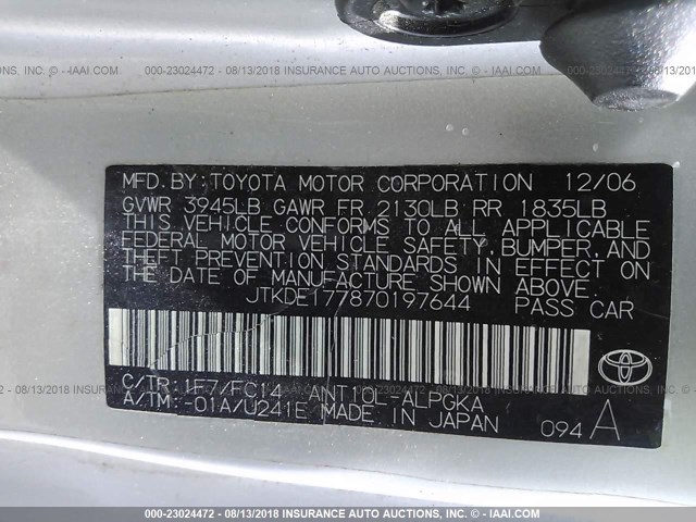JTKDE177870197644 - 2007 TOYOTA SCION TC Gümüş foto 9