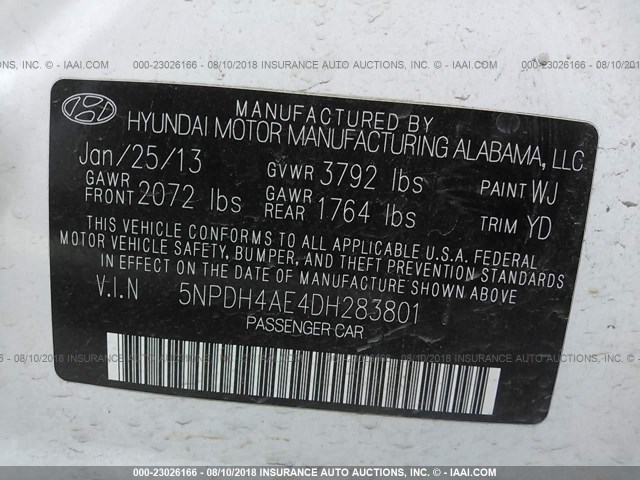 5NPDH4AE4DH283801 - 2013 HYUNDAI ELANTRA GLS/LIMITED WHITE photo 9