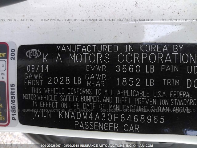 KNADM4A30F6468965 - 2015 KIA RIO LX WHITE photo 9