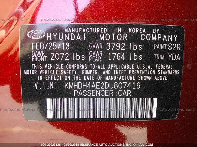 KMHDH4AE2DU807416 - 2013 HYUNDAI ELANTRA GLS/LIMITED RED photo 9