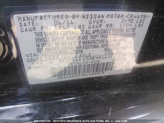 3N1CE2CP7GL405078 - 2016 NISSAN VERSA NOTE S/S PLUS/SV/SL/SR BLACK photo 9