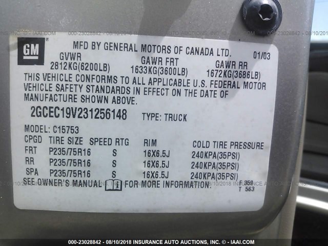 2GCEC19V231256148 - 2003 CHEVROLET SILVERADO C1500 SILVER photo 9