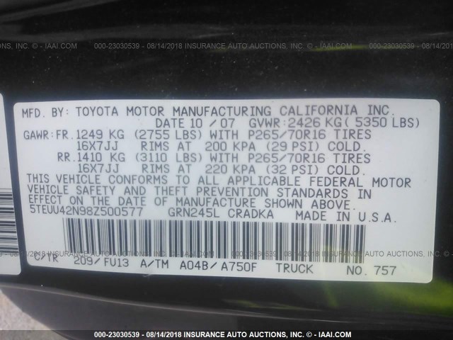 5TEUU42N98Z500577 - 2008 TOYOTA TACOMA ACCESS CAB BLACK photo 9