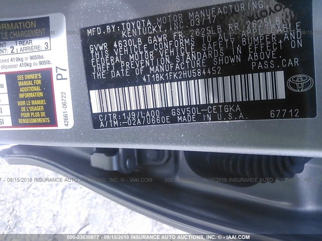 4T1BK1FK2HU584452 - 2017 TOYOTA CAMRY XSE/XLE Gümüş foto 9