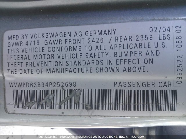 WVWPD63B94P252698 - 2004 VOLKSWAGEN PASSAT GLS GRAY photo 9