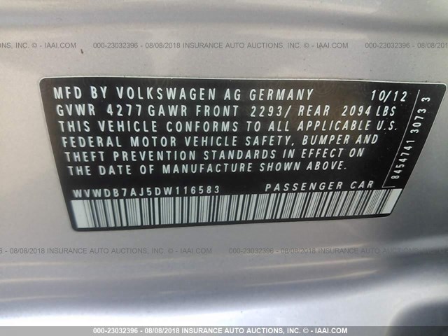 WVWDB7AJ5DW116583 - 2013 VOLKSWAGEN GOLF SILVER photo 9