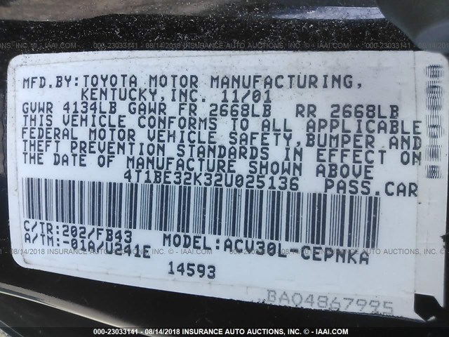 4T1BE32K32U025136 - 2002 TOYOTA CAMRY LE/XLE/SE BLACK photo 9