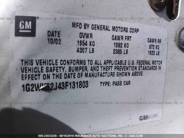 1G2WK52J43F131803 - 2003 PONTIAC GRAND PRIX SE 白色 照片 9