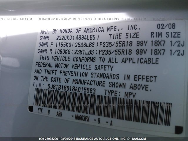 5J8TB18518A015563 - 2008 ACURA RDX TECHNOLOGY WHITE photo 9