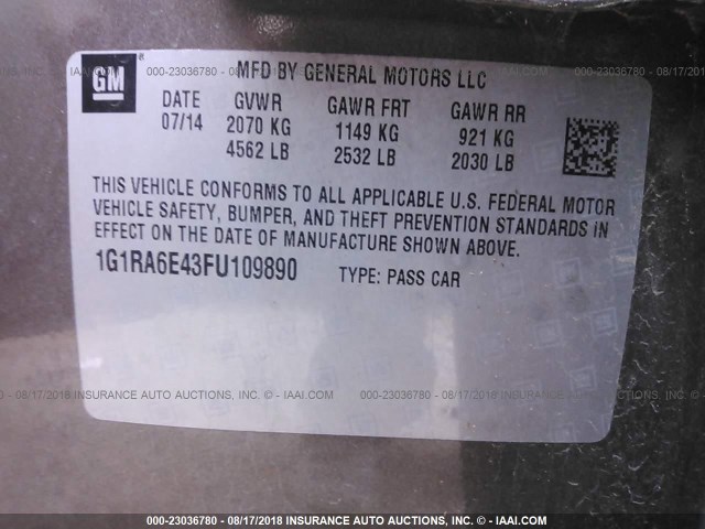 1G1RA6E43FU109890 - 2015 CHEVROLET VOLT BROWN photo 9