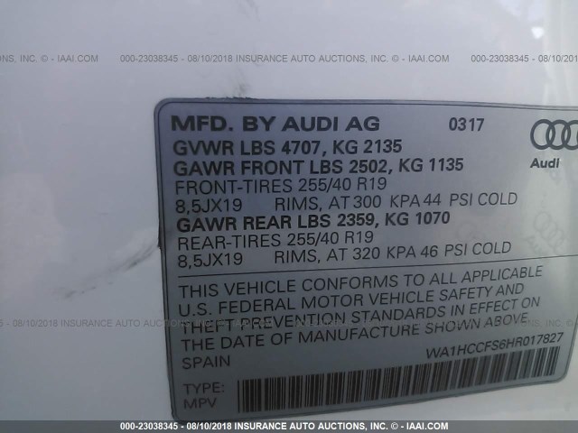 WA1HCCFS6HR017827 - 2017 AUDI Q3 PREMIUM PLUS WHITE photo 9