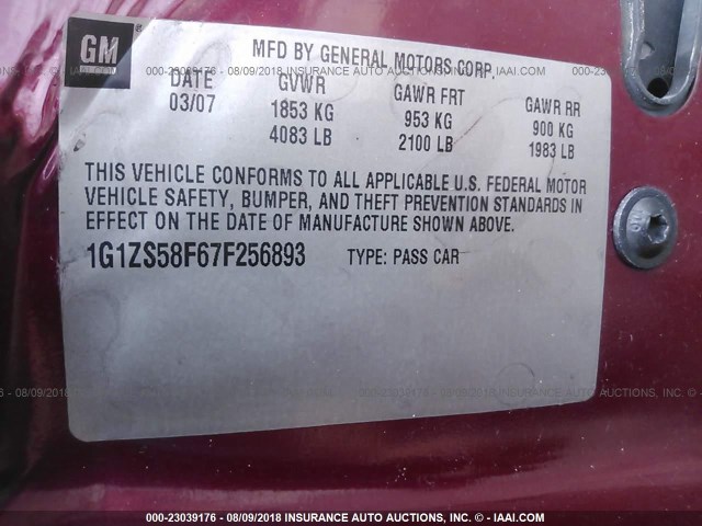 1G1ZS58F67F256893 - 2007 CHEVROLET MALIBU LS 栗色 照片 9