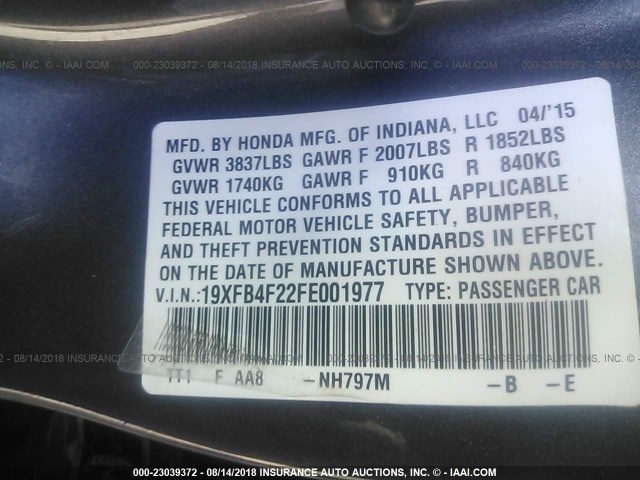 19XFB4F22FE001977 - 2015 HONDA CIVIC HYBRID GRAY photo 9