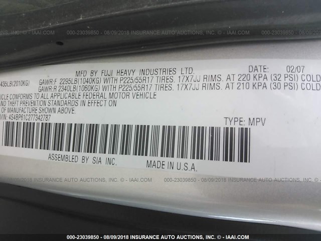 4S4BP61C277342787 - 2007 SUBARU LEGACY OUTBACK 2.5I SILVER photo 9