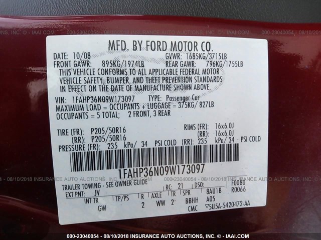 1FAHP36N09W173097 - 2009 FORD FOCUS SES RED photo 9