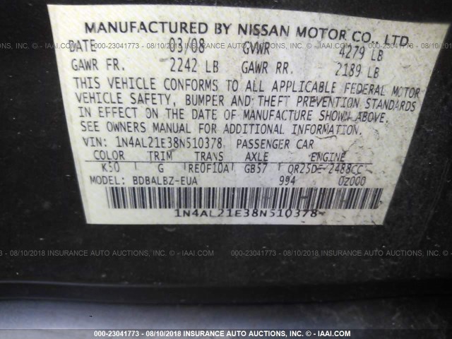 1N4AL21E38N510378 - 2008 NISSAN ALTIMA 2.5/2.5S GRAY photo 9