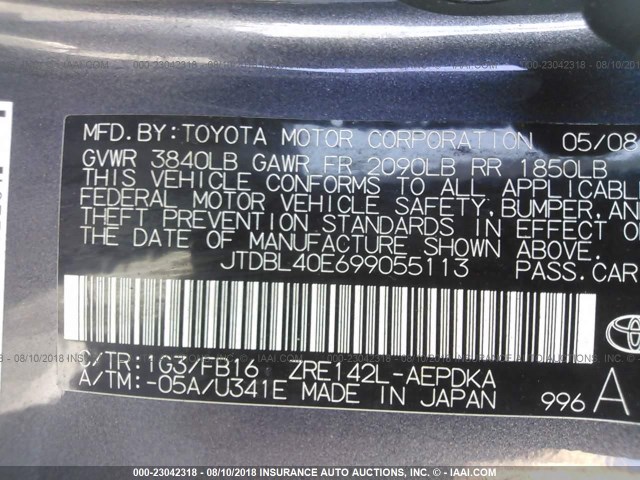 JTDBL40E699055113 - 2009 TOYOTA COROLLA LE/XLE GRAY photo 9