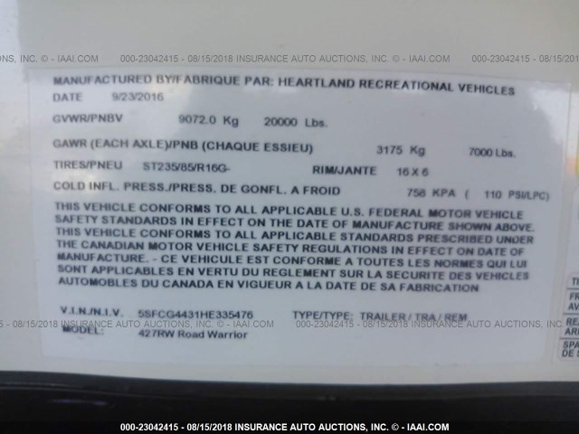 5SFCG4431HE335476 - 2017 HEARTLAND ROAD WARRIOR  Թուխ լուսանկար 9