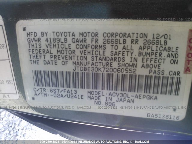 JTDBE30K720060552 - 2002 TOYOTA CAMRY LE/XLE/SE GREEN photo 9
