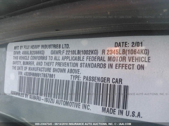 4S3BH686917657661 - 2001 SUBARU LEGACY OUTBACK LIMITED GREEN photo 9