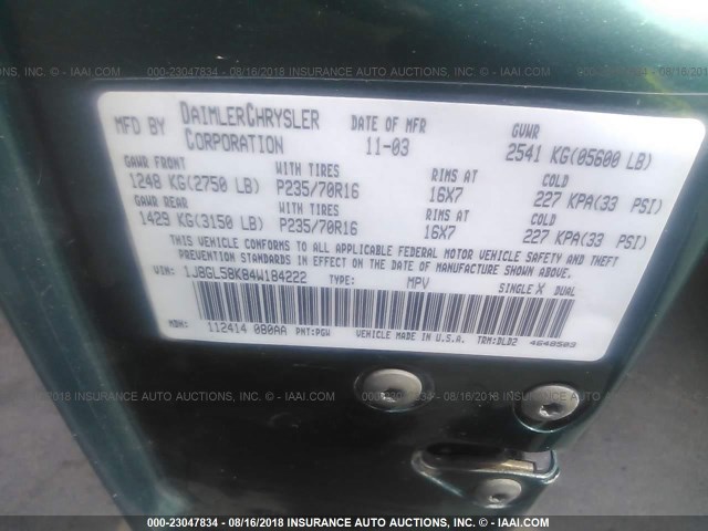 1J8GL58K84W184222 - 2004 JEEP LIBERTY LIMITED GREEN photo 9