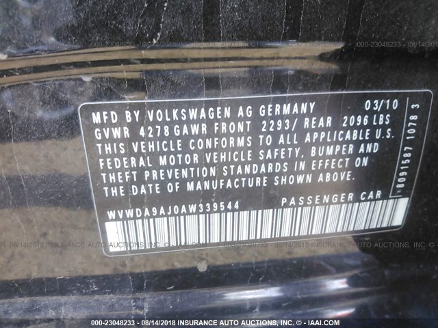 WVWDA9AJ0AW339544 - 2010 VOLKSWAGEN GOLF BLACK photo 9