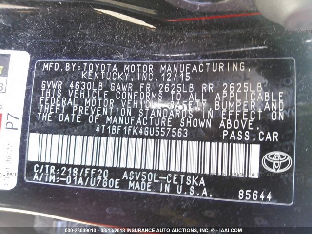 4T1BF1FK4GU557563 - 2016 TOYOTA CAMRY LE/XLE/SE/XSE BLACK photo 9