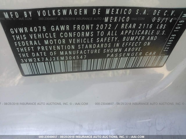 3VW2K7AJ2EM304547 - 2014 VOLKSWAGEN JETTA S 白色 照片 9