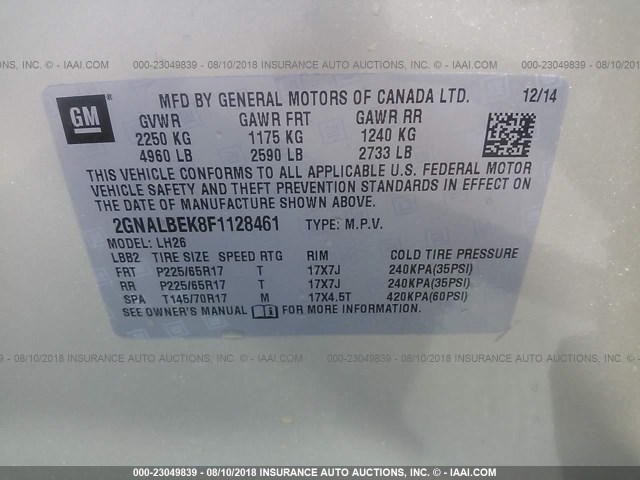 2GNALBEK8F1128461 - 2015 CHEVROLET EQUINOX LT BEIGE photo 9