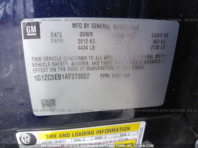 1G1ZC5EB1AF273557 - 2010 CHEVROLET MALIBU 1LT ლურჯი ფოტო 9