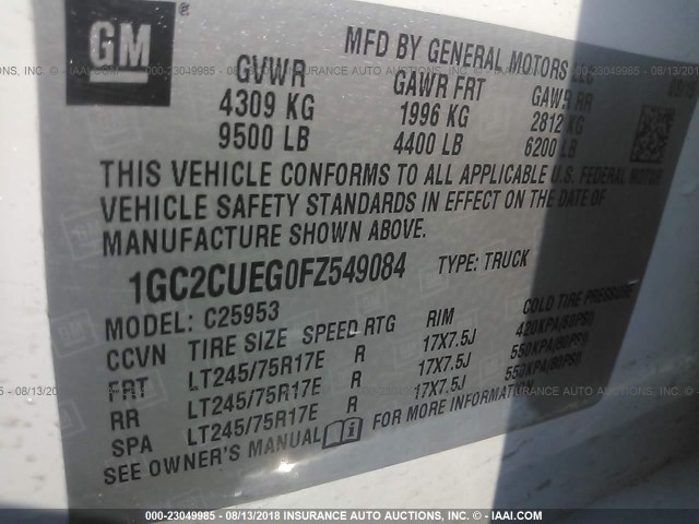 1GC2CUEG0FZ549084 - 2015 CHEVROLET SILVERADO C2500 HEAVY DUTY WHITE photo 9