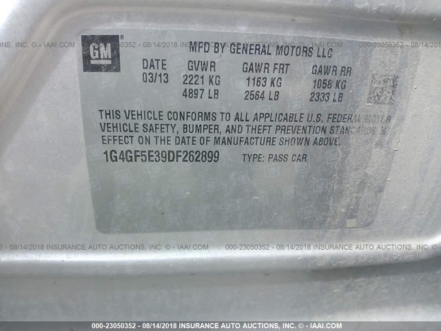 1G4GF5E39DF262899 - 2013 BUICK LACROSSE PREMIUM SILVER photo 9