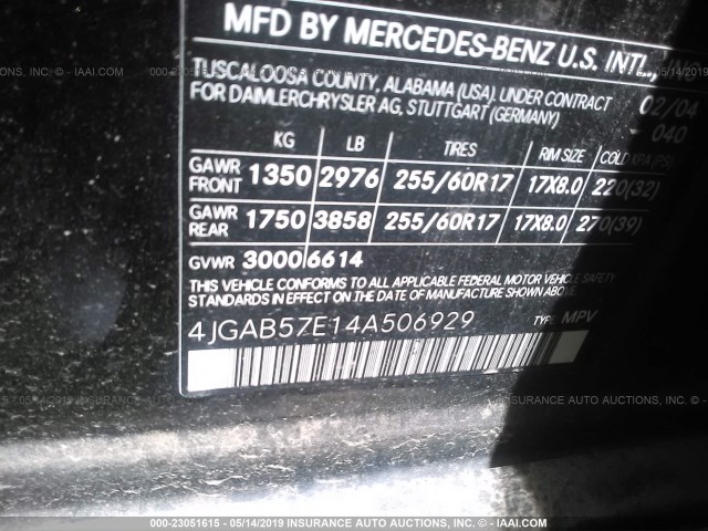 4JGAB57E14A506929 - 2004 MERCEDES-BENZ ML 350 BLACK photo 9