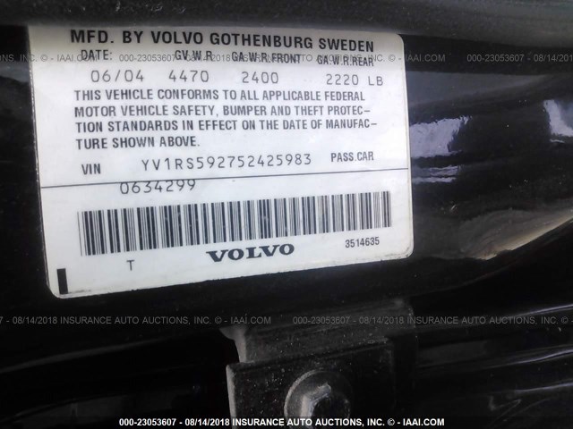 YV1RS592752425983 - 2005 VOLVO S60 2.5T BLACK photo 9