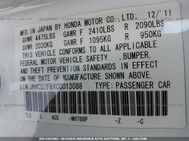 JH4CU2F8XCC013088 - 2012 ACURA TSX SE WHITE photo 9