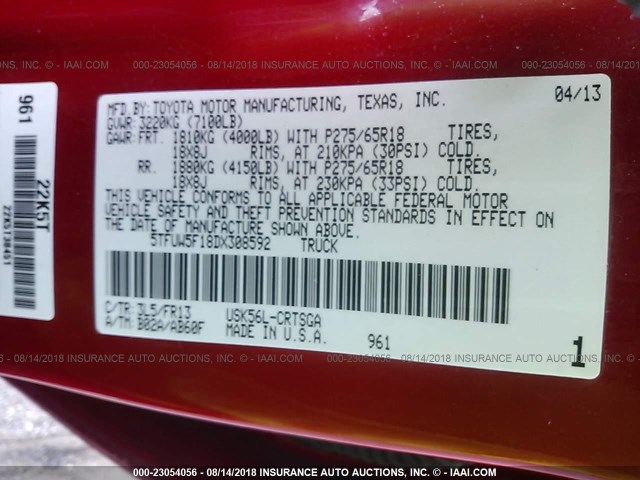 5TFUW5F18DX308592 - 2013 TOYOTA TUNDRA DOUBLE CAB SR5 RED photo 9