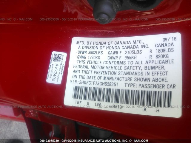 2HGFC1F73GH658351 - 2016 HONDA CIVIC EXL RED photo 9