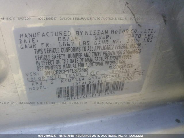 3N1CE2CP1FL373498 - 2015 NISSAN VERSA NOTE S/S PLUS/SV/SL/SR SILVER photo 9