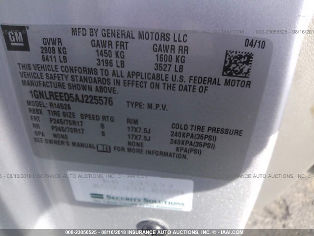 1GNLREED5AJ225576 - 2010 CHEVROLET TRAVERSE LS SILVER photo 9